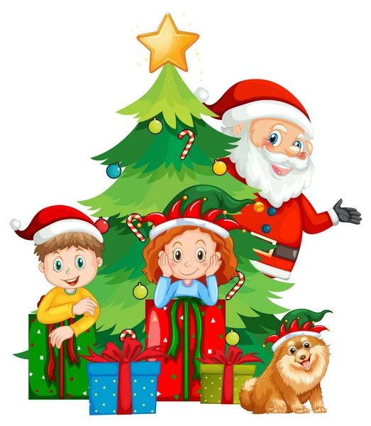 子供とクリスマスツリーのイラストとサンタクロース — ストックベクタ