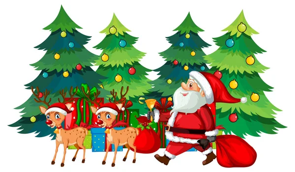 Santa Claus Reindeers Christmas Trees Illustration — Stock Vector