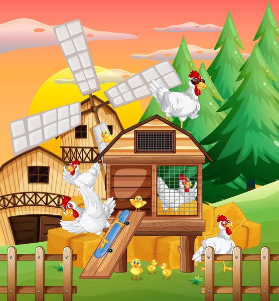 Boerderij Scene Met Een Groep Kippen Illustratie — Stockvector