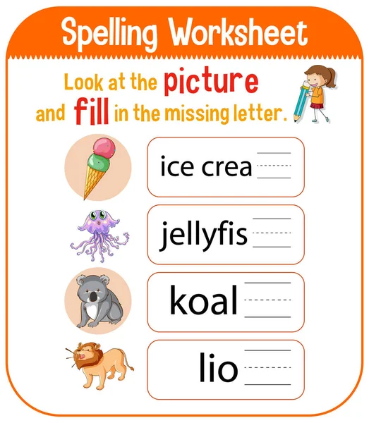 Spelling Worksheet Template Kids Illustration — Stockový vektor