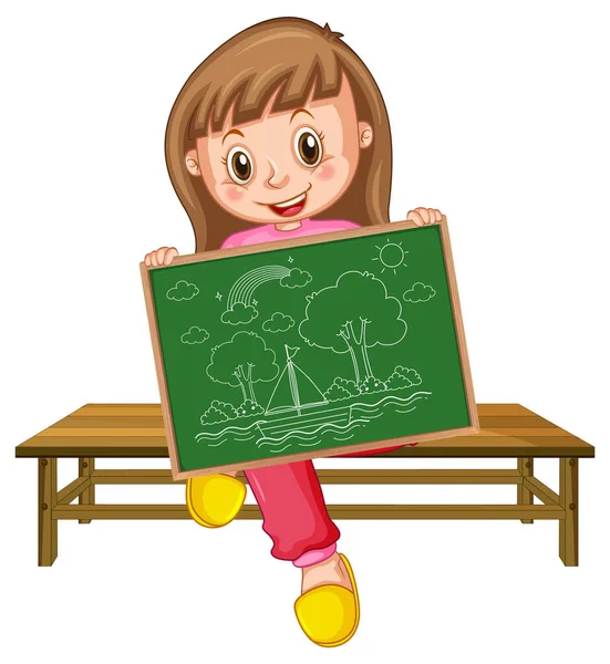 Ένα Κορίτσι Κρατώντας Πίνακα Ένα Σχέδιο Σκίτσο Σκίτσα Λευκό Φόντο — Διανυσματικό Αρχείο