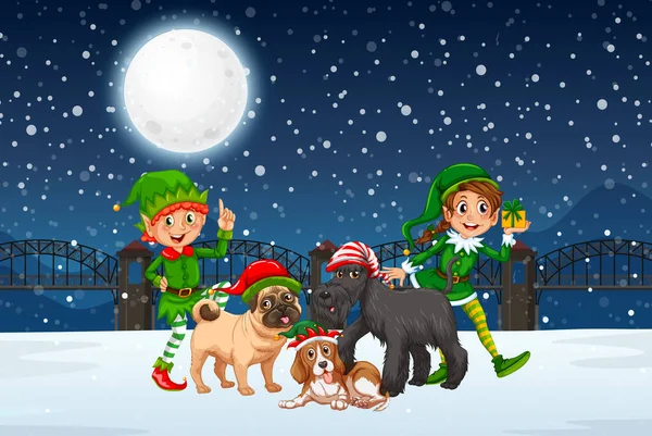 Χιονάτη Νύχτα Του Χειμώνα Χριστούγεννα Ξωτικό Και Πολλά Σκυλιά Εικονογράφηση — Διανυσματικό Αρχείο