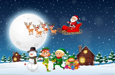 Karlı kış gecesi Noel Baba ile kızak çiziminde