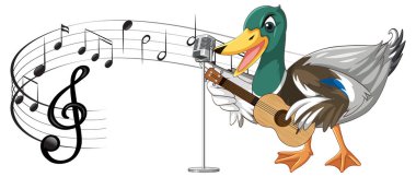 Ördek gitar çalıyor, ukulele ile müzik notaları çiziyor.