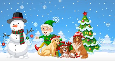 Karlı mavi arkaplandaki Noel çizgi film karakterleri