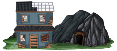 Beyaz arkaplanda kaya mağarası olan terk edilmiş bir ev.