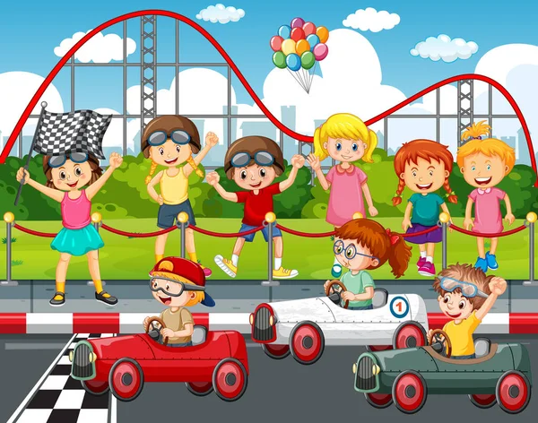 Escena Aire Libre Con Niños Coche Carreras Ilustración — Vector de stock