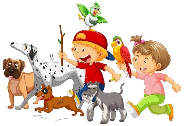 Gelukkige Kinderen Met Hun Honden Illustratie — Stockvector