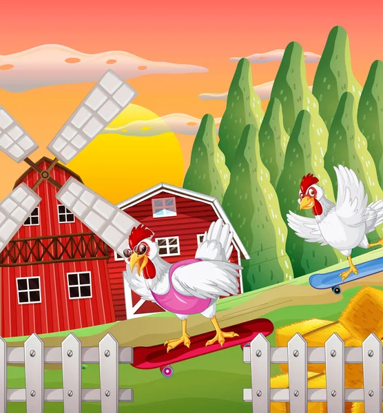 滑板图上有鸡骑的农场场景 — 图库矢量图片