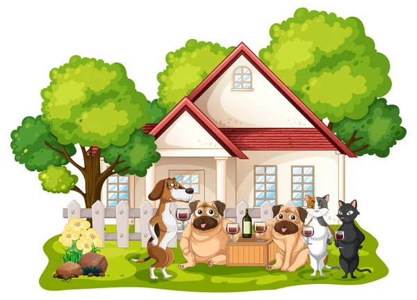 Many Pet Playing Doghouse Illustration — Stock Vector