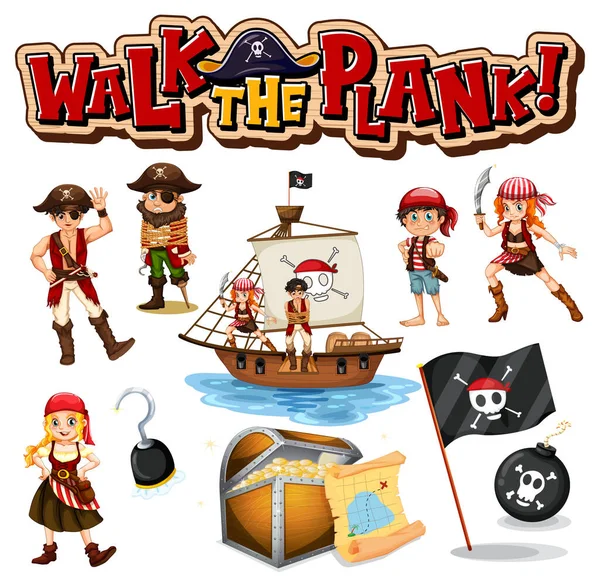 Set Van Piraten Cartoon Personages Objecten Illustratie — Stockvector