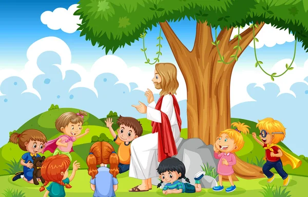 Jesus Und Kinder Park Illustration — Stockvektor