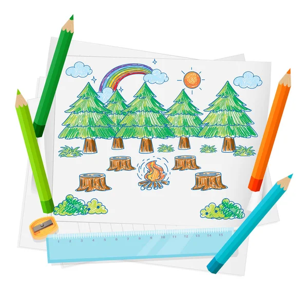 Una Carta Con Disegno Schizzo Doodle Con Illustrazione Colori Matite — Vettoriale Stock