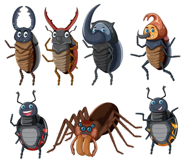Set Different Insects Beetles Cartoon Style Illustration — Stock Vector