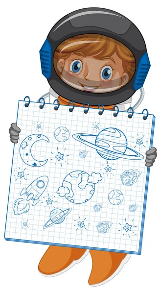 Astronaute Tenant Carnet Avec Croquis Gribouillé Sur Fond Blanc Illustration — Image vectorielle