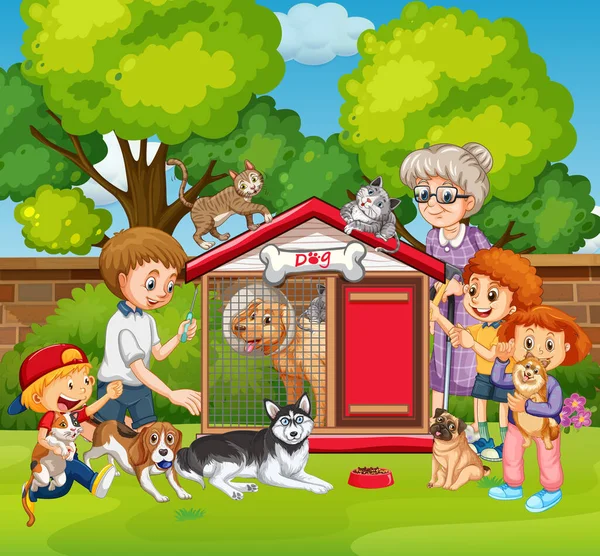 Outdoor Scene Met Kinderen Hun Honden Illustratie — Stockvector