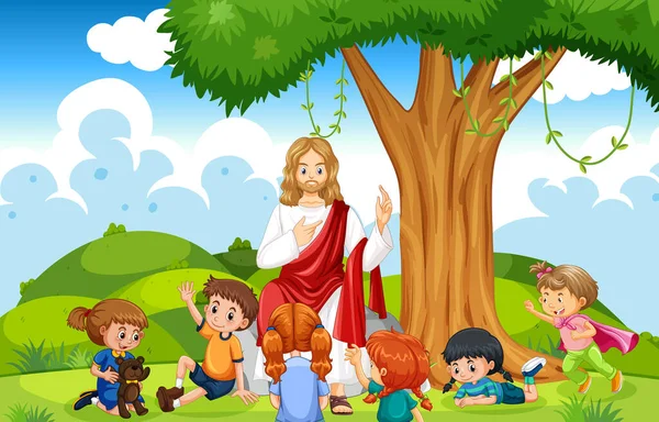 Jesus Crianças Parque Ilustração —  Vetores de Stock