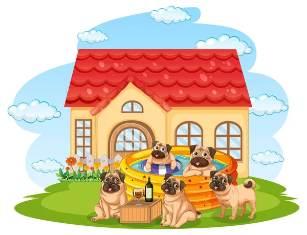 Muitos Cães Brincando Fora Ilustração Casota — Vetor de Stock