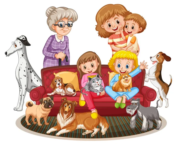 Glückliche Familienmitglieder Mit Vielen Hunden — Stockvektor