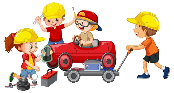 Children Fixing Car Together Illustration — Stock Vector