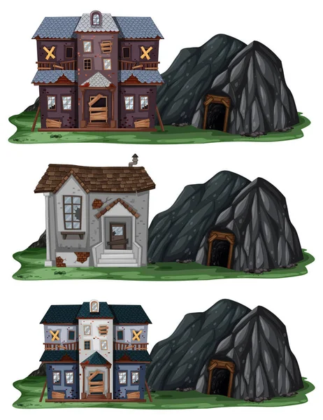 Conjunto Diferentes Casas Abandonadas Com Ilustração Caverna Rocha —  Vetores de Stock