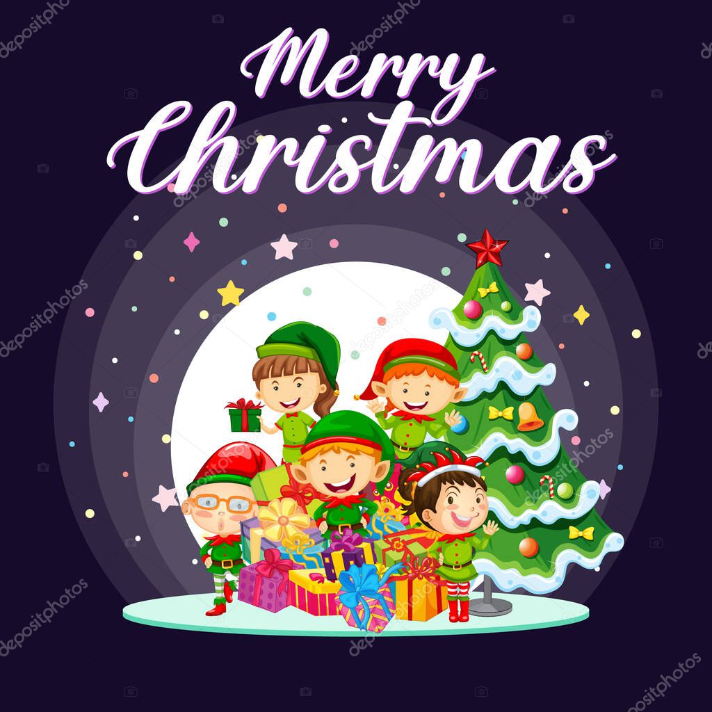 Merry Christmas poster design with cute elves group illustration
