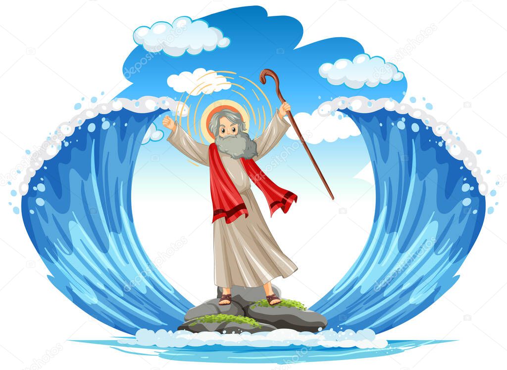 Moses cartoon character with red sea background illustration
