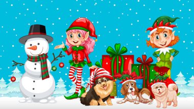Karlı mavi arkaplandaki Noel çizgi film karakterleri
