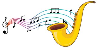 Beyaz arkaplan illüstrasyonu üzerine notaları olan bir saksafon