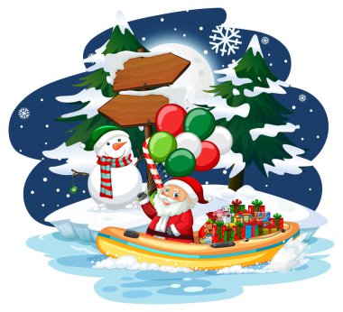 Noel Baba ile karlı bir gece bir teknede ve kardan adam çiziminde