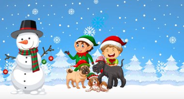 Karlı mavi arkaplandaki Noel çizgi film karakterleri