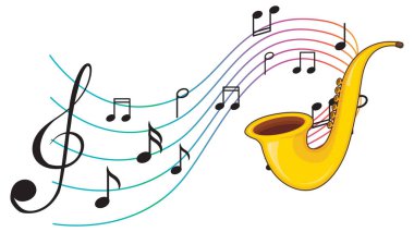 Beyaz arkaplan illüstrasyonu üzerine notaları olan bir saksafon