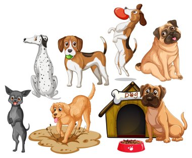 Çizgi film stili resimlerde farklı şirin köpekler.