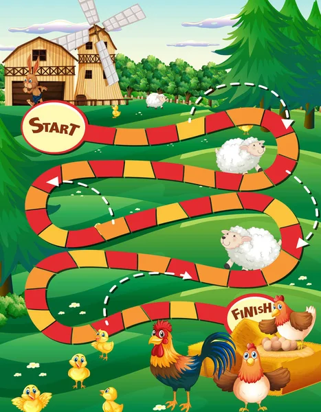 Plantilla Juego Serpiente Escaleras Ilustración Del Tema Granja — Vector de stock