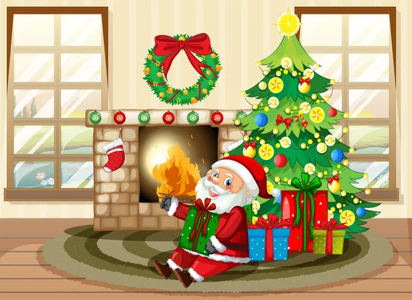 Άγιος Βασίλης Γιορτάζει Χριστούγεννα Στο Σπίτι Εικονογράφηση — Διανυσματικό Αρχείο