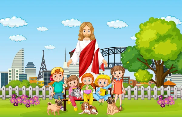 Jesús Los Niños Parque Ilustración — Vector de stock