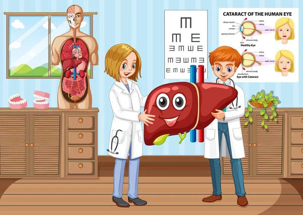 一个医生牵着肝脏的房间场景 漫画风格的插图 — 图库矢量图片