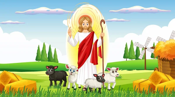 耶稣和农场里的动物 — 图库矢量图片