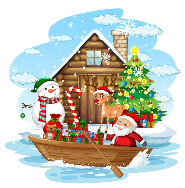 サンタクロースとエルフはボートのイラストで贈り物を提供します — ストックベクタ