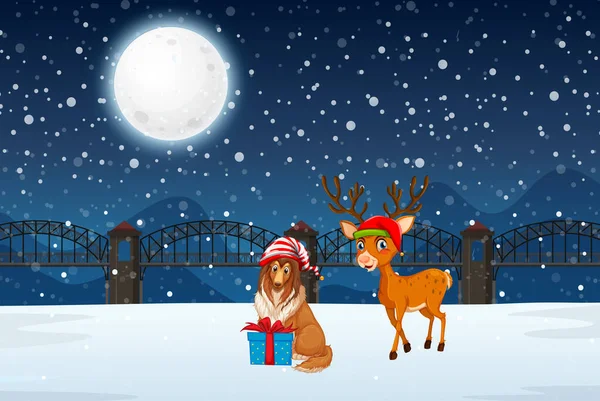 Snowy Winter Night Christmas Reindeer Cute Dog Illustration — Stock Vector