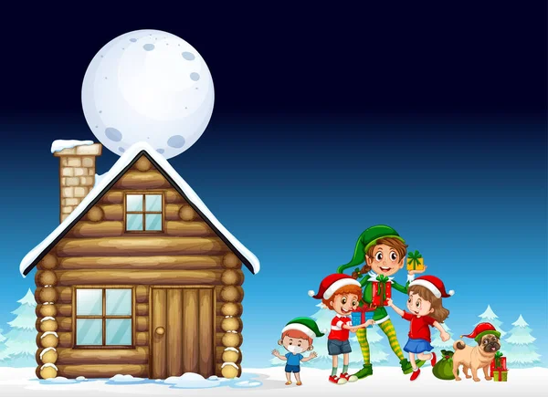 Snowy Winternacht Met Kerst Elfen Een Huis Illustratie — Stockvector