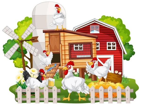 Isolated Scene Group Chickens Cartoon Style Illustration — Stock Vector