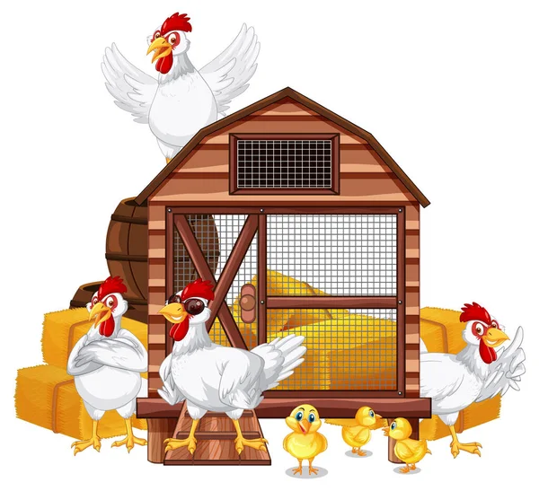 Isolated Scene Group Chickens Cartoon Style Illustration — Stock Vector