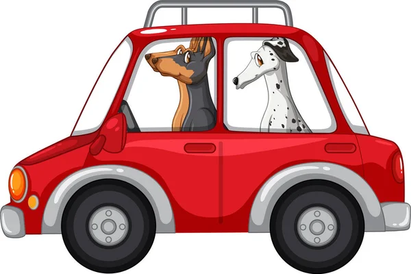 Chiens Chevauchant Une Voiture Sur Fond Blanc Illustration — Image vectorielle