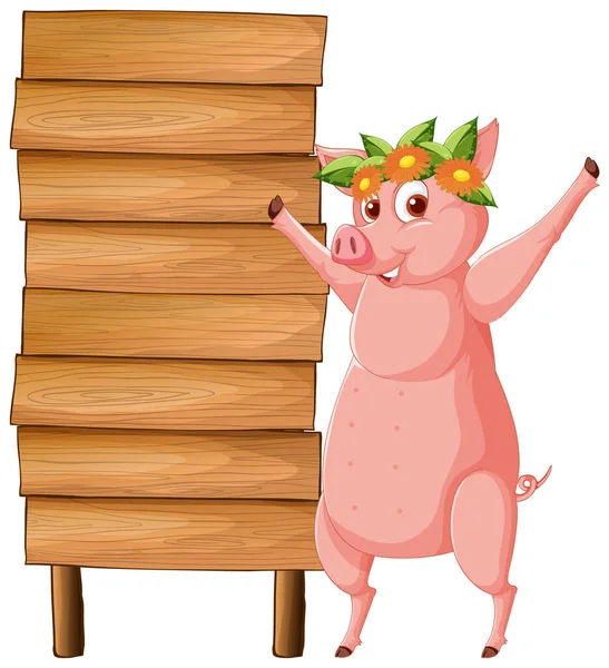 豚のイラストと隔離された木製の看板バナー — ストックベクタ