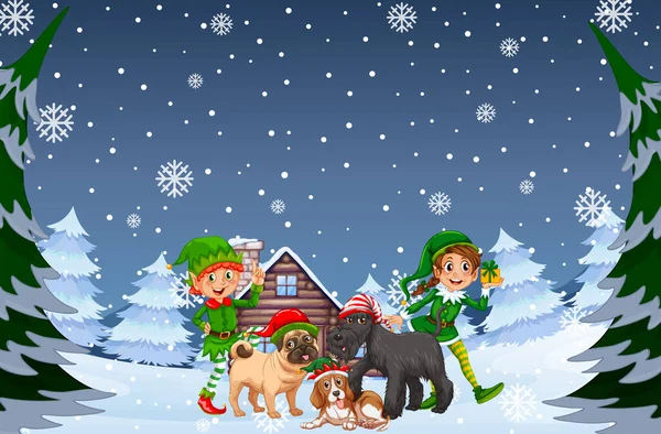 Snowy Nacht Scene Met Elf Honden Cartoon Stijl Illustratie — Stockvector