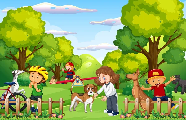 Bambini Che Giocano Con Loro Animali Parco Illustrazione — Vettoriale Stock