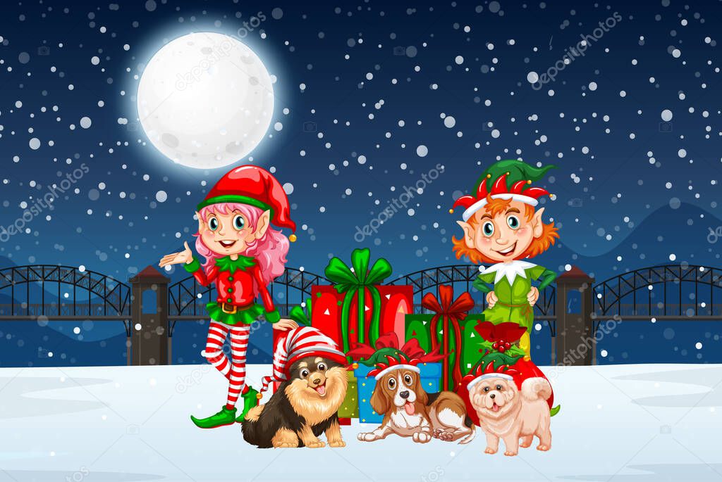 Snowy winter night with Christmas elves and many dogs illustration