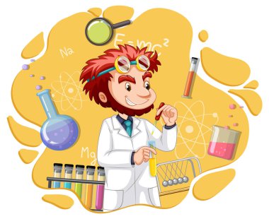 Bilim adamı karikatür karakteri laboratuvar malzemesi çizimi