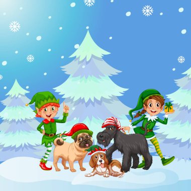 Karlı arkaplanda iki elf ve köpek resmi olan bir Noel posteri tasarımı.